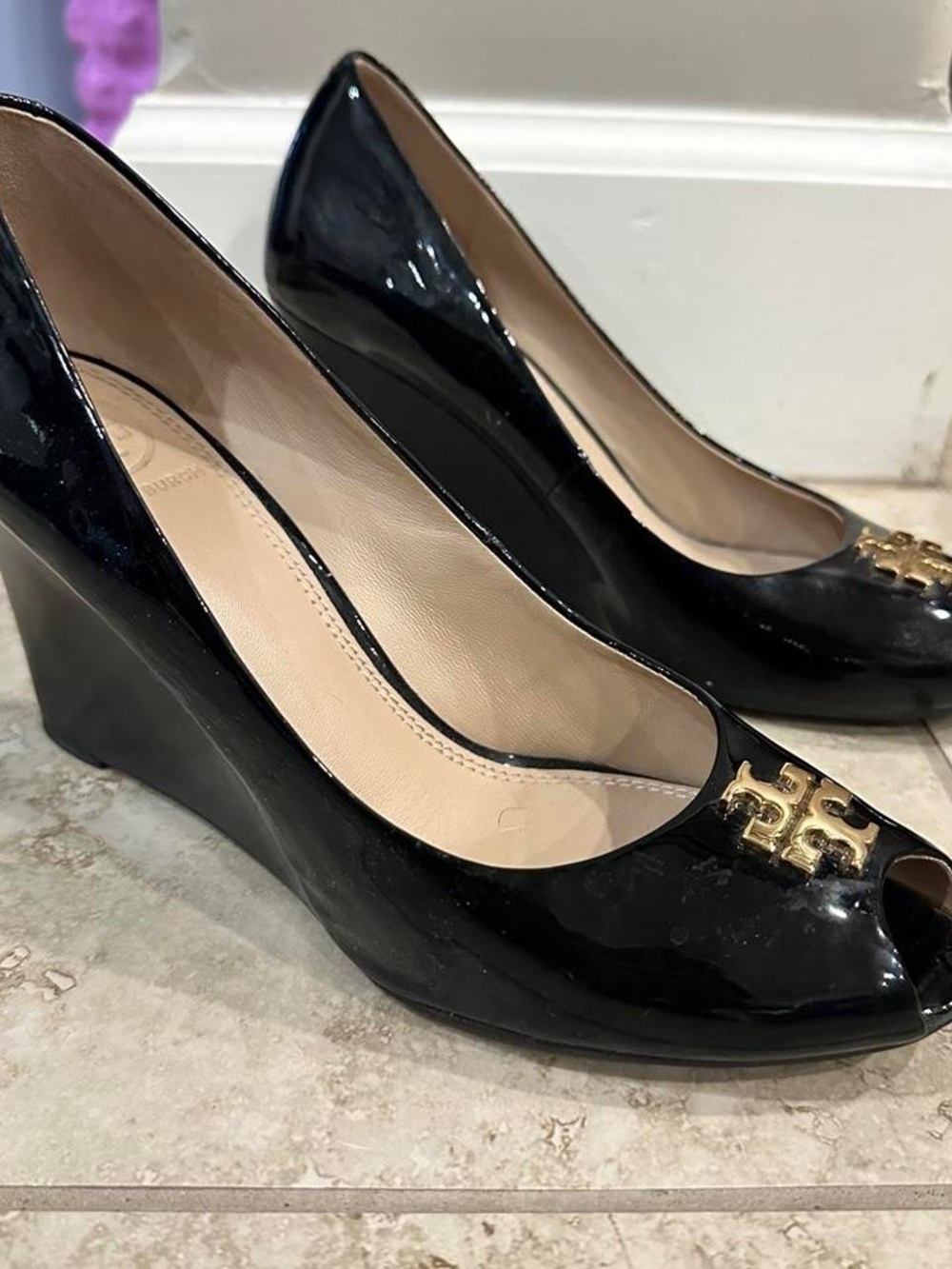Tory Burch Black Patent Leather Peep-Toe Wedge with Gold Logo - Picture 12 of 15